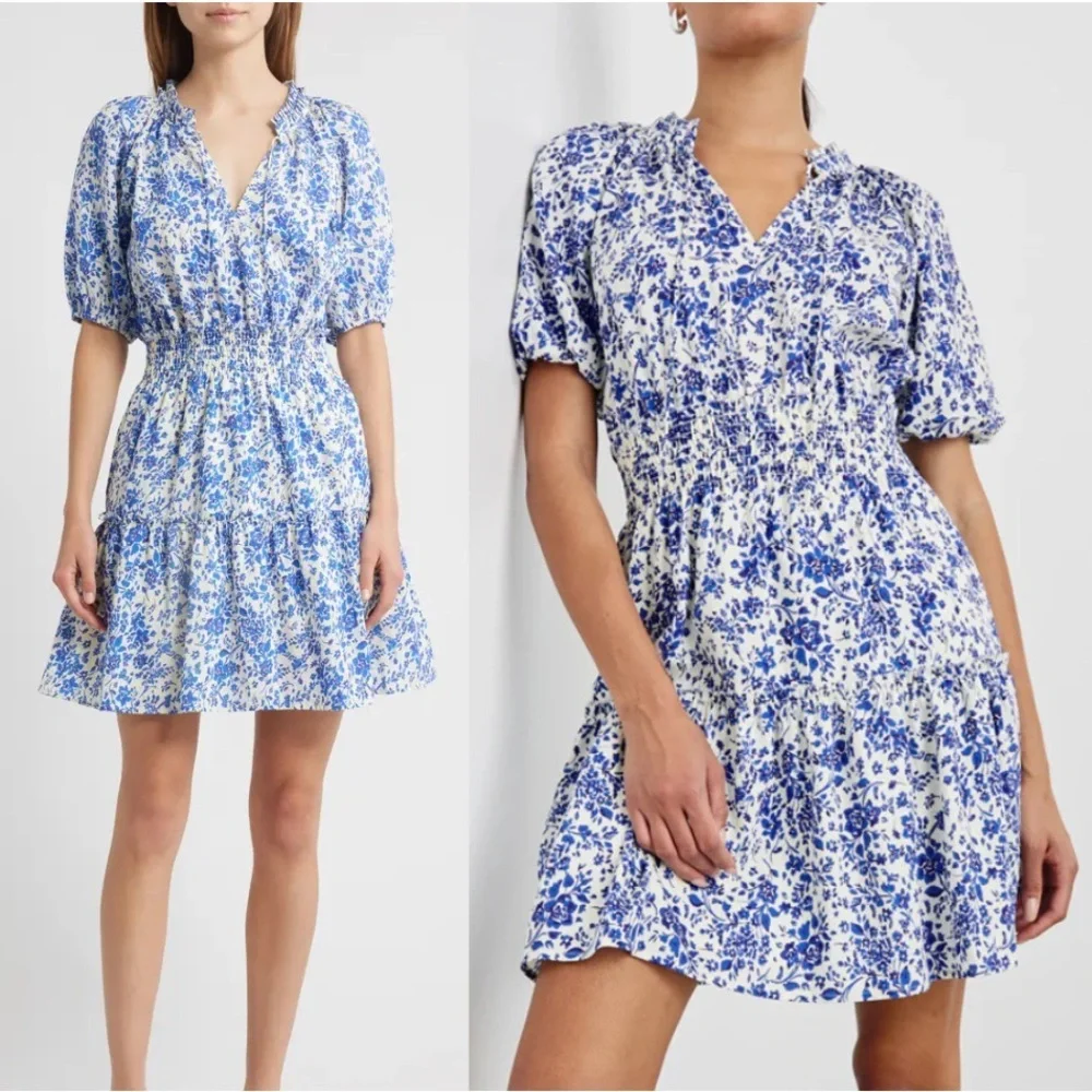Rails Fiorella Dress Blue Marguerite Peplum Sleeves Shirred Waist Cottagecore